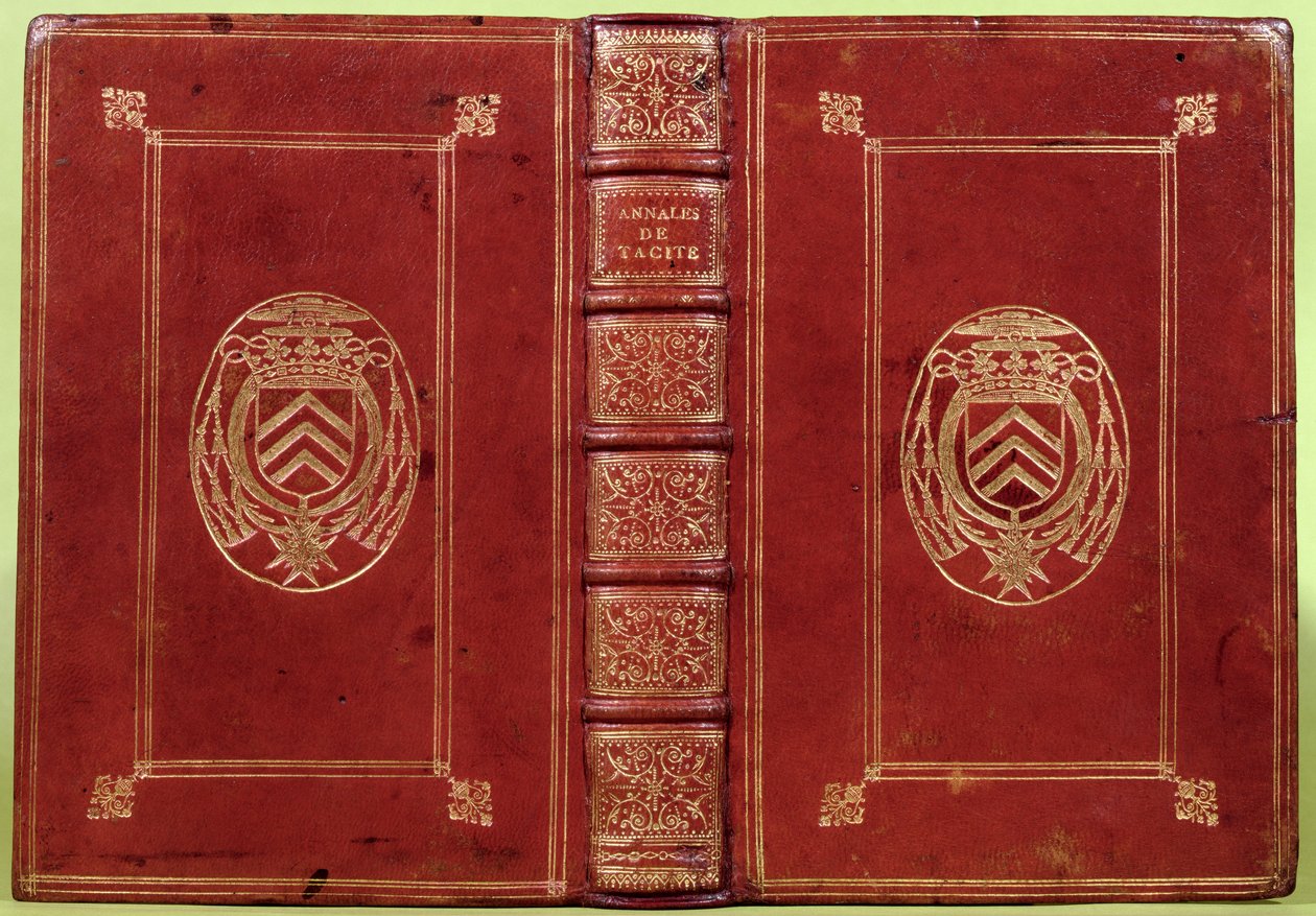 Bokomslag til Annals of Tacitus med våpenskjoldet til Armand-Jean du Plessis, kardinal Richelieu (1585-1642) (rødt lær og gull) av French School