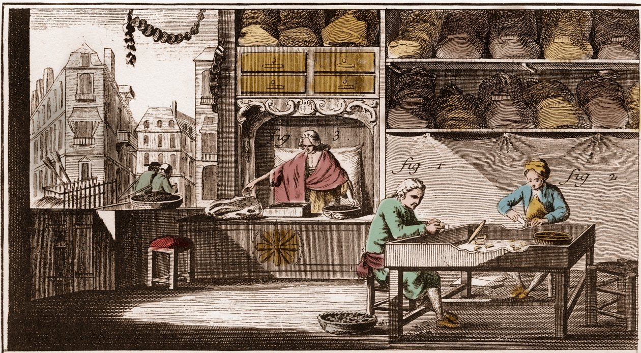 Bouchonnier, produksjon av korkpropper - "" La Grande Encyclopédie, ou Dictionnaire Raisonne des Sciences, des Arts et des Metiers" (Encyclopedia or Dictionary of the Sciences, Arts and Professions) av Denis Diderot (1713-1784) og Jean d