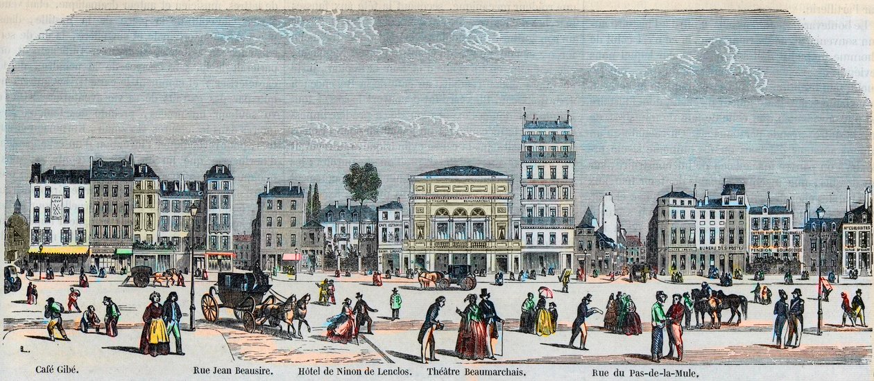 Boulevard Beaumarchais cote sud - Cafe Gibe - Hotel de Ninon de Laclos - Theatre Beaumarchais - Rue pas de la mule - Engraving in “Tableau-de-Paris” by Edmond Texier 1852 av French School