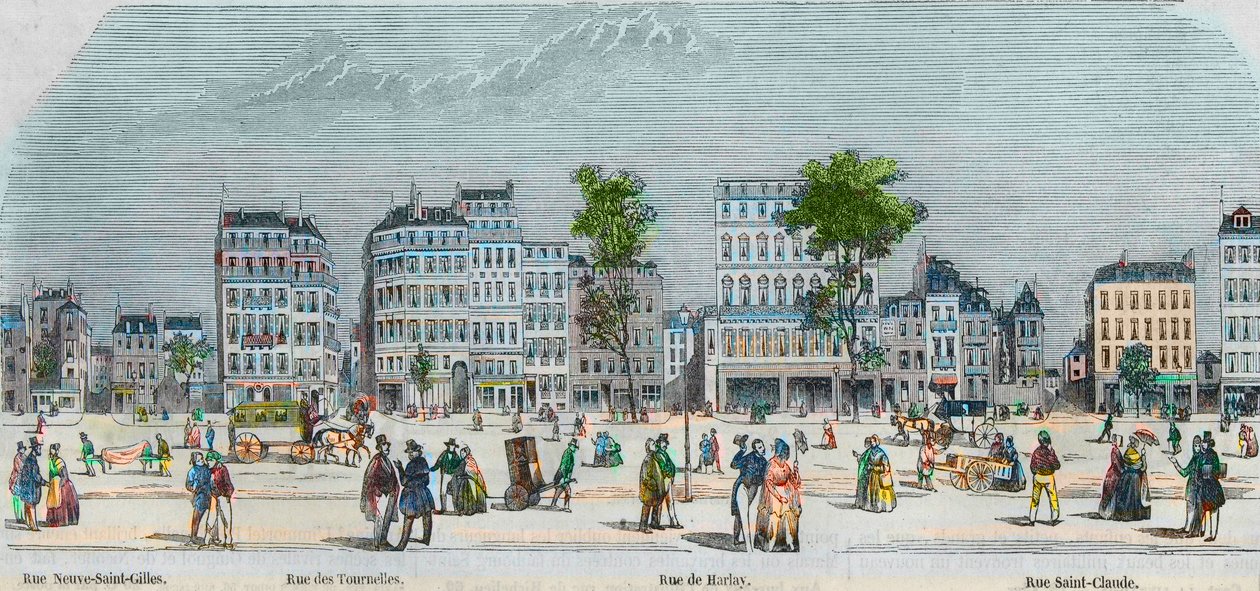 Boulevard Beaumarchais sørside - rue Neuve-Saint-Gilles - rue des Tournelles - rue de Harlay - rue Saint-Claude - Gravering i "Tableau-de-Paris" av Edmond Texier 1852 av French School