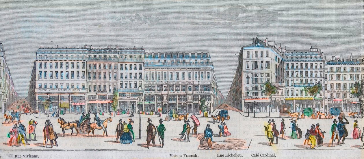 Boulevard Montmartre på sørsiden og boulevard des Italians på sørsiden - Rue Vivienne - Maison Frascati - Rue Richelieu - Cafe Cardinal - Gravering i "Tableau-de-Paris" av Edmond Texier 1852 av French School