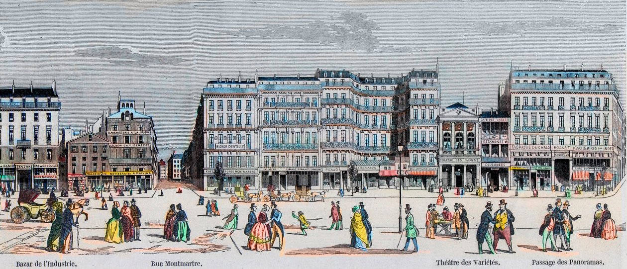 Boulevard Poissonniere og Boulevard Montmartre - industribasar - Rue Montmartre - Theatre des Varietes og passage des Panoramas - Gravering i "Tableau-de-Paris" av Edmond Texier 1852 av French School