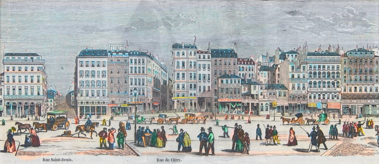 Boulevard Saint-Denis og Boulevard Bonne-Nouvelle - Rue Saint-Denis - Rue de Clery - Gravering i "Tableau-de-Paris" av Edmond Texier 1852 av French School
