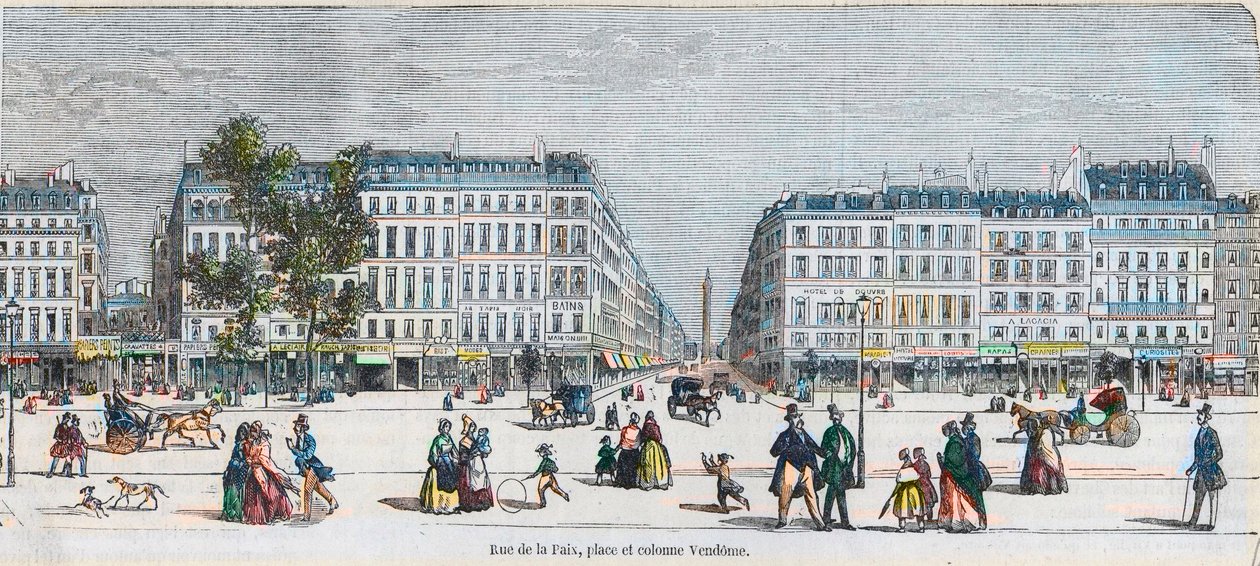 Boulevard des Capucines (Sørkysten) - Rue de la Paix, sted og Vendome-søyle - Gravering i "Tableau-de-Paris" av Edmond Texier 1852 av French School