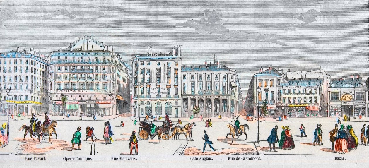Boulevard des Italiens sørside - Rue Favart - Opera comique - Rue Marivaux - Engelsk kafé - Rue Grammont - Basar - Gravering i "Tableau-de-Paris"" av Edmond Texier 1852 av French School