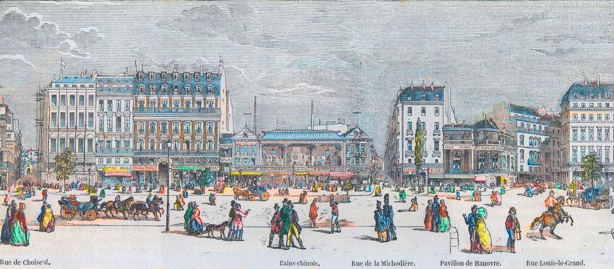Boulevard des Italians sørside og Boulevard des Capucines sørside - rue de Choiseul - kinesiske bad - rue de la Michodiere - Pavillon de Hannover - rue Louis-le-Grand - Gravering i "Tableau-de-Paris" av Edmond Texier 1852 av French School