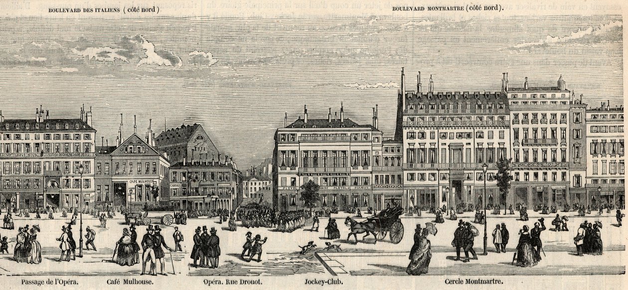 Boulevard des Italiens og boulevard Montmartre - Cafe Mulhouse - Cercle Montmartre - Jockeyklubb - Gravering i "Tableau-de-Paris" av Edmond Texier 1852 - av French School