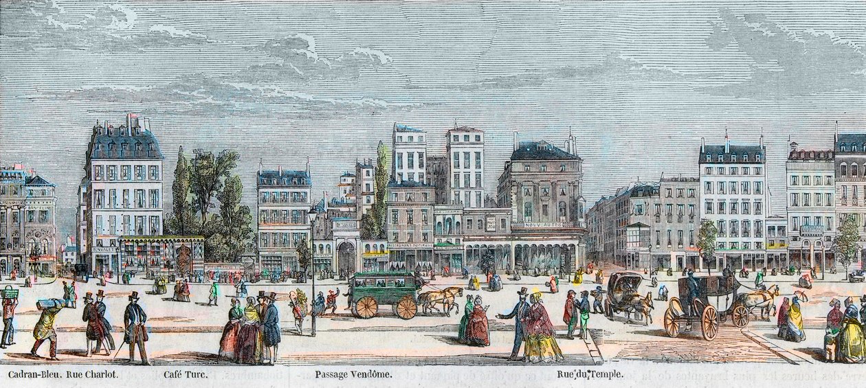 Boulevard du Temple cote sud - Rue Charlot - Cafe Turk - Passage Vendome - Rue du Temple - Engraving in “Tableau-de-Paris” by Edmond Texier 1852 av French School