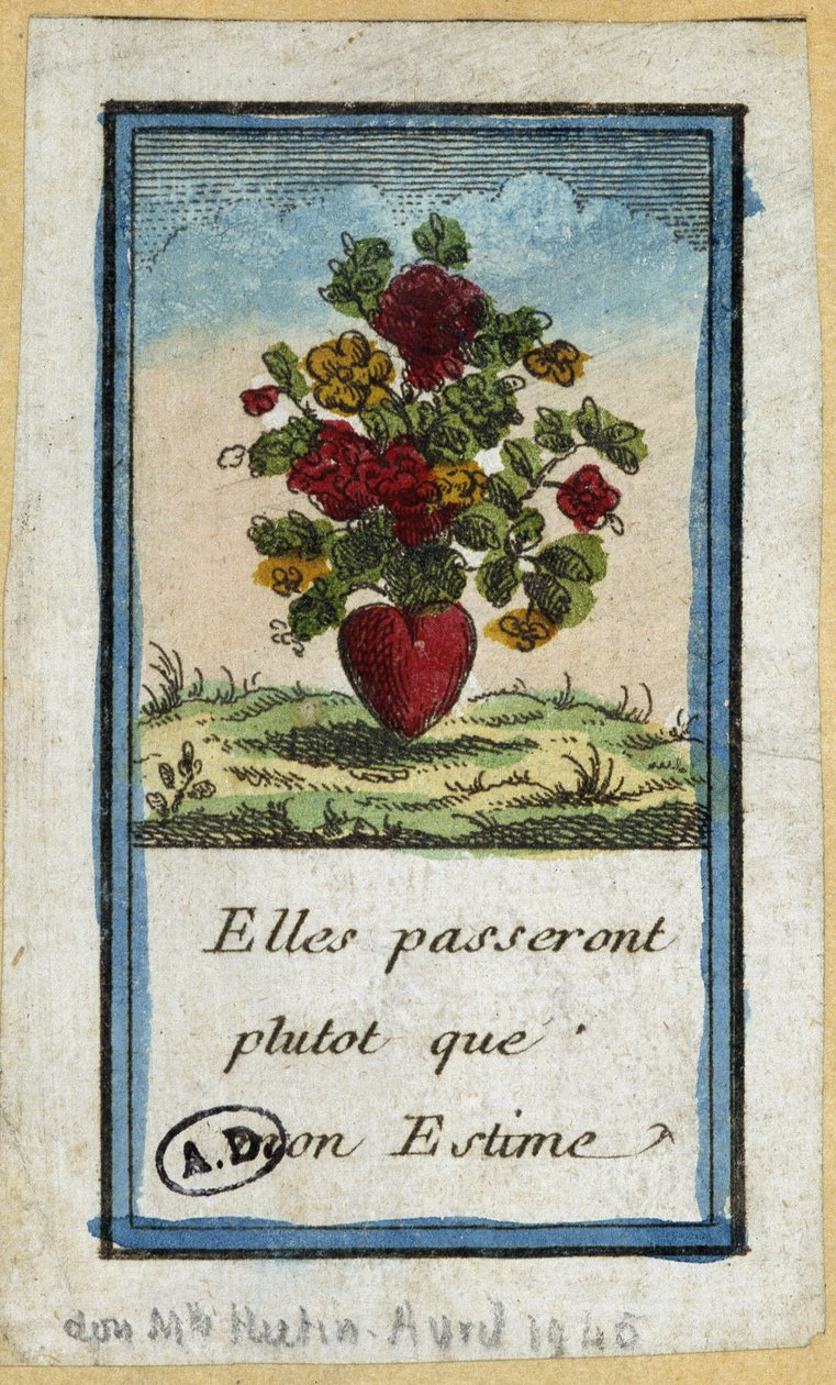 Bukett med blomster i et hjerte: "" De vil passere i stedet for min aktelse"" - gravering av French School