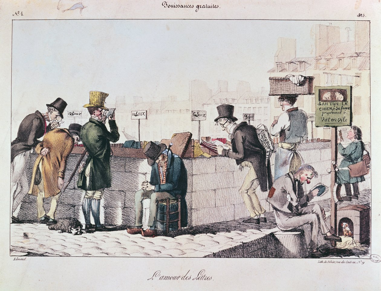 Bouquinistes langs bredden av elven Seine i Paris, tidlig på 1800-tallet av French School