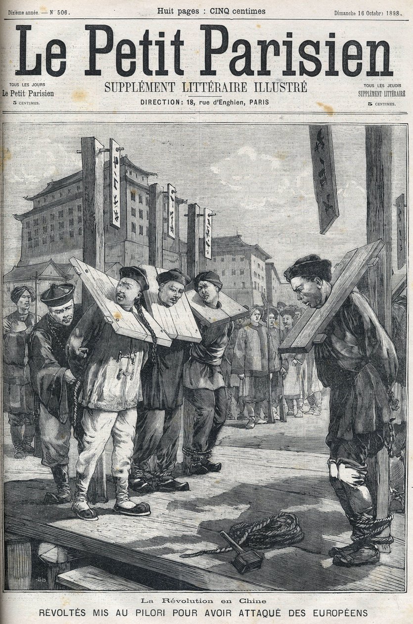 Boxer Revolt in China in 1898: Revolts put in pillory for attacking Europeans. Cover of “” Le petit parisien”” from 1898. av French School