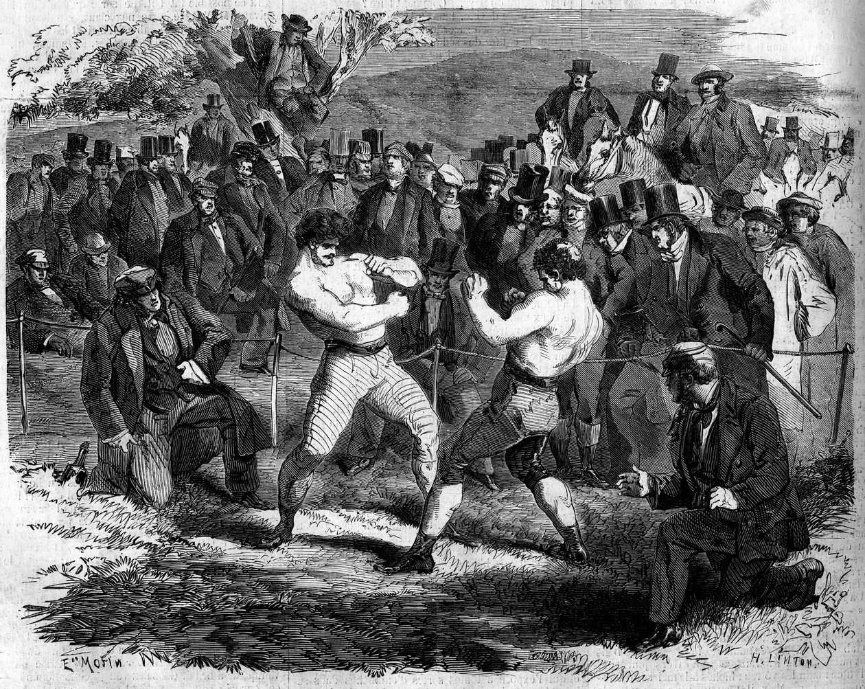 Boksekamp mellom engelske Thomas Sayers (1826-1865) og amerikanske John Carmel Heenan (1833-1873) i Aldershot, England, 17. april av French School
