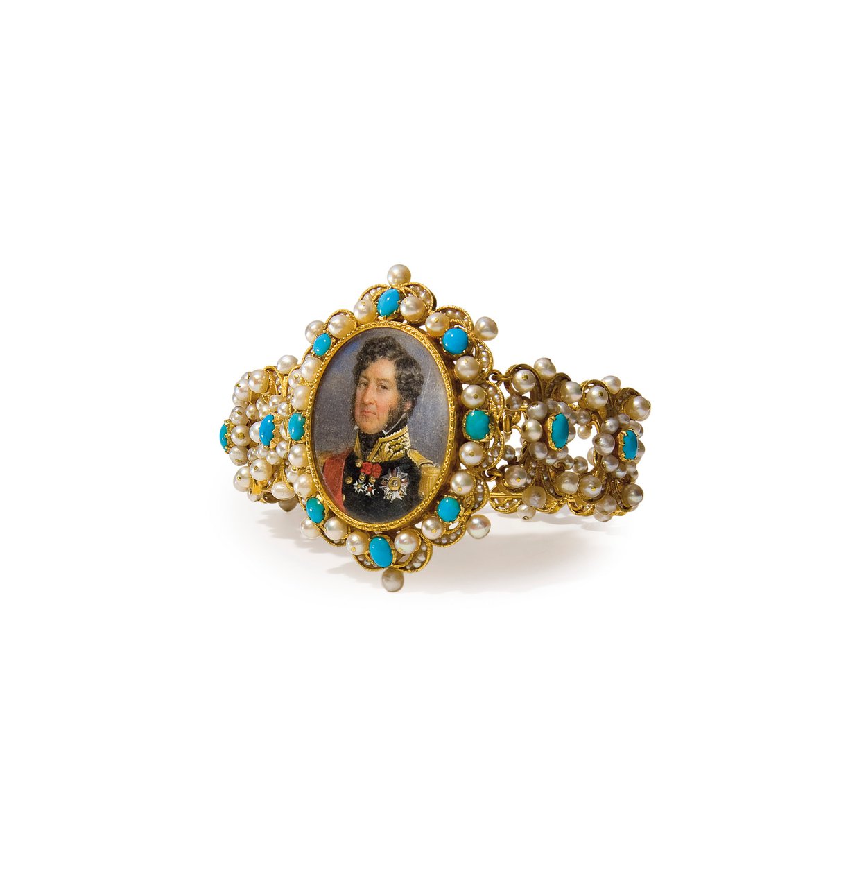 Armbånd som inneholder en miniatyr av Louis-Philippe I, kongen av franskmennene (gull, perler, turkis og akvarell på elfenben) (se også 356598) av French School