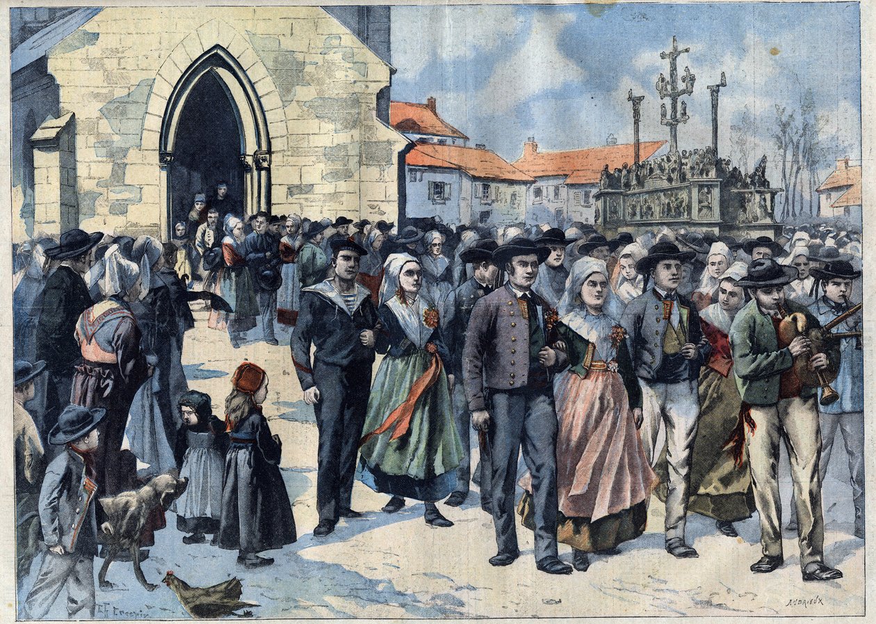 Breton custom: Traditional marriage in Plougastel (Finistere, Brittany). Marriages leave the Church. Engraving in “” Le Petro Parisien”” av French School