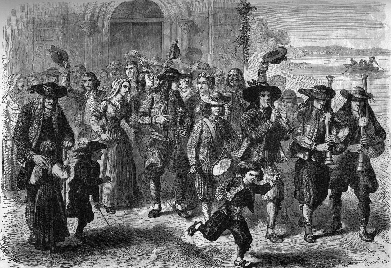 Breton custom: couple of young marriages at the exit of the church. At the top of the cortege are players of biniou and drum. Treguennec, Finistere (29) av French School