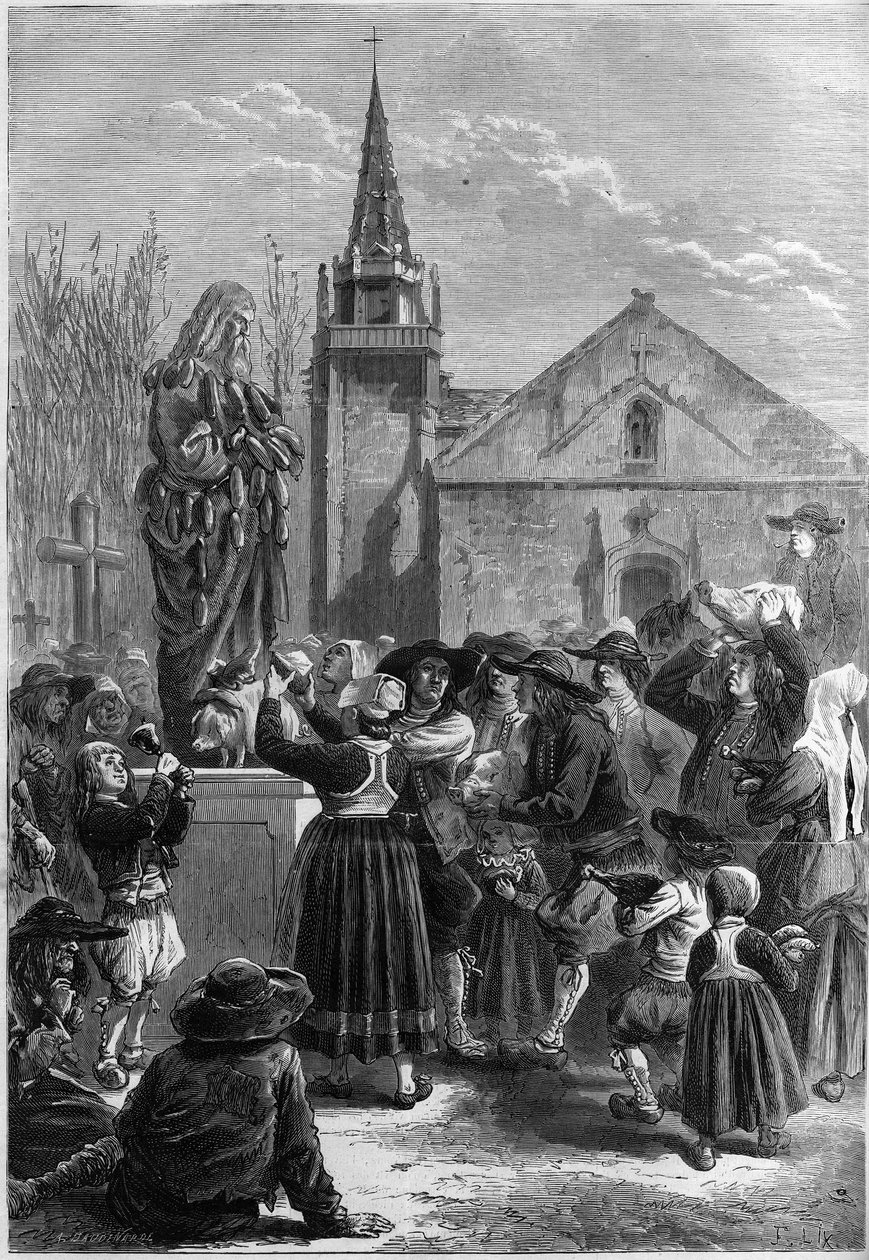Bretonsk skikk: "festar goadgennon" eller "the fete des boudins". Innbyggerne i en landsby dekker med sokker en statue av Saint Anthony the Great (eller Saint Anthony the Eremitt eller Saint Anthony the Abbe). Noen bønder har med seg et grisehode. Graverin av French School