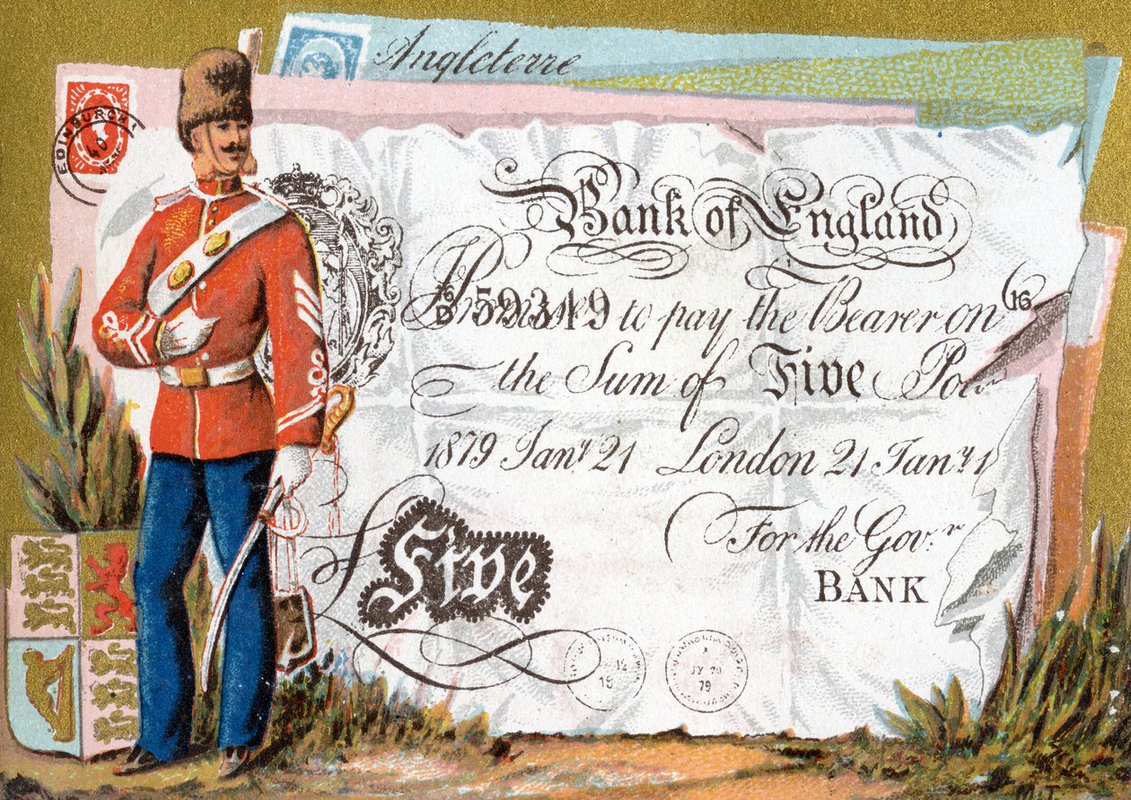 Britisk hærsoldat som vokter en Bank of England Five Pound Note, 1886-95 av French School