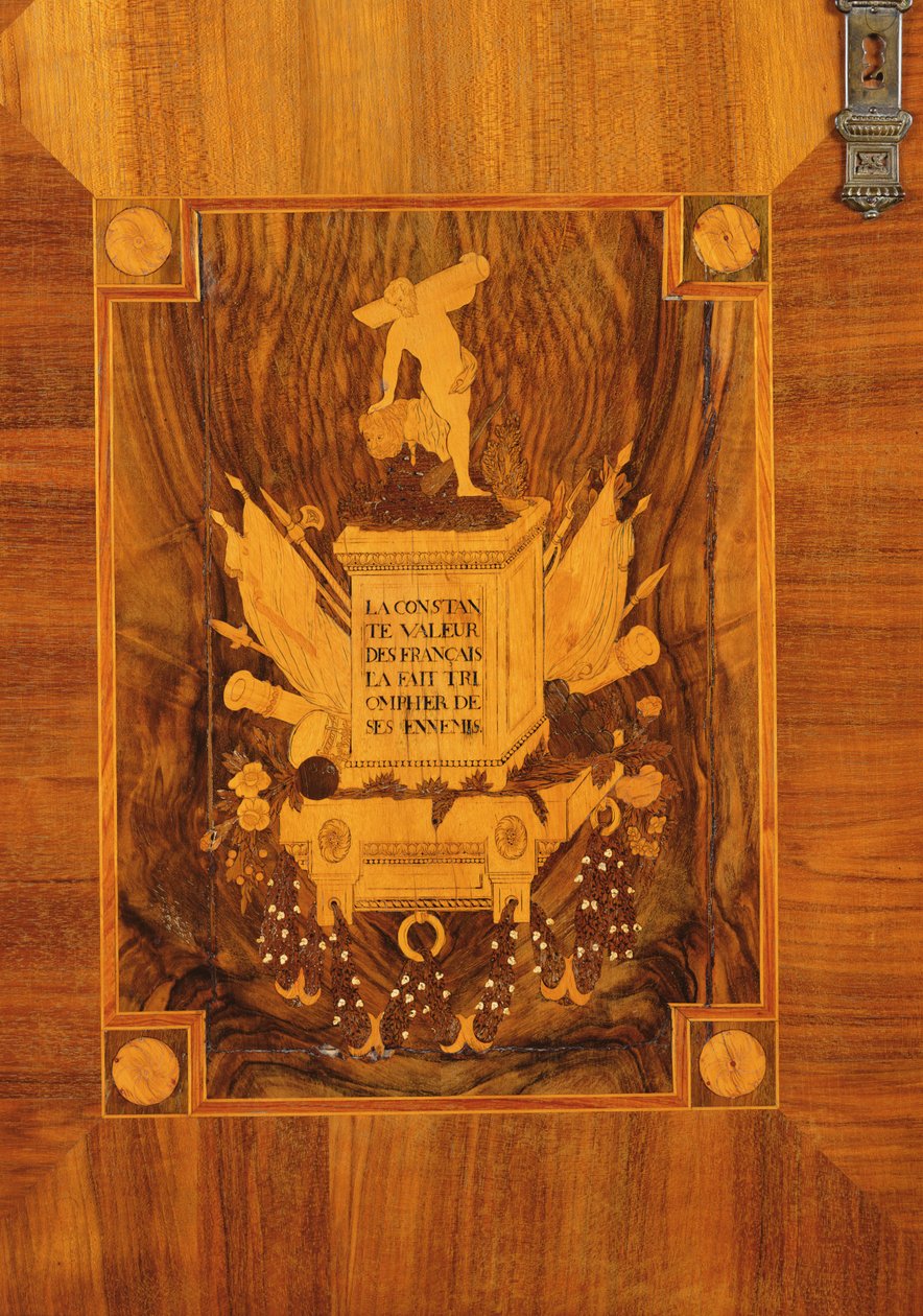Buffetskap med revolusjonerende design, innlagt detalj av emblem og motto (marquetry) av French School