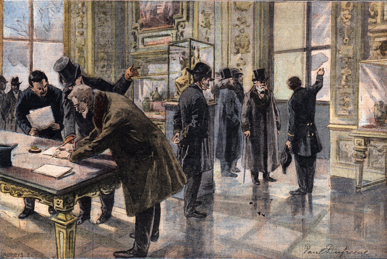 Innbruddsforsøk på Louvre-museet, i Paris, Illustrasjon fra den franske avisen Le Petit Parisien, 2. februar av French School
