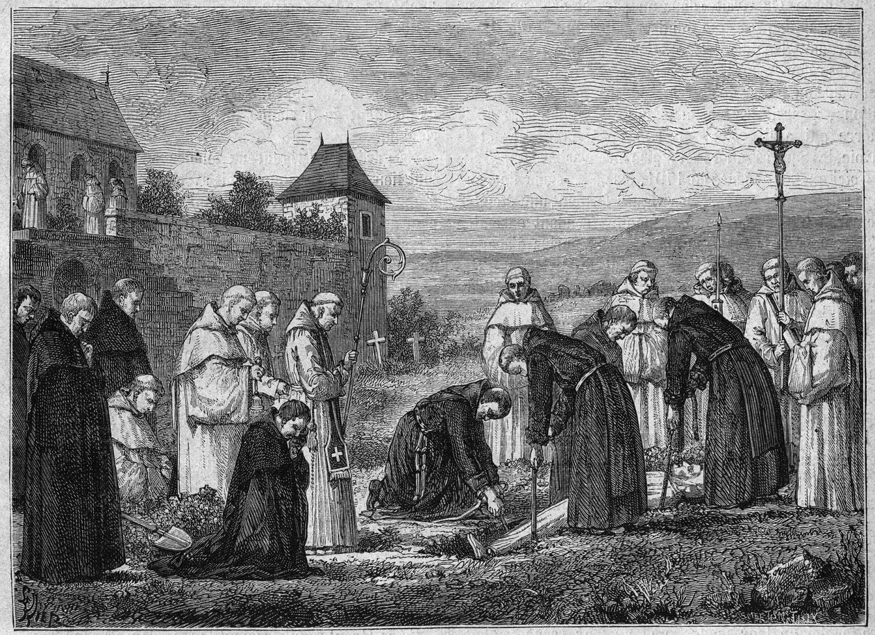 Begravelse av en karteuser ved Abbey of Tamie i Savoy (cisterciensersamfunnet). Gravering fra 1875. av French School