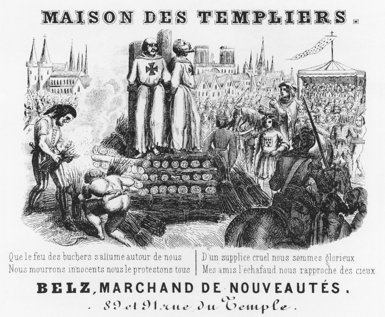 Burning of the Templars, regningsoverskrift til en draper-butikk, Maison des Templiers, Belz, rue du Temple, Paris, ca. 1840 av French School