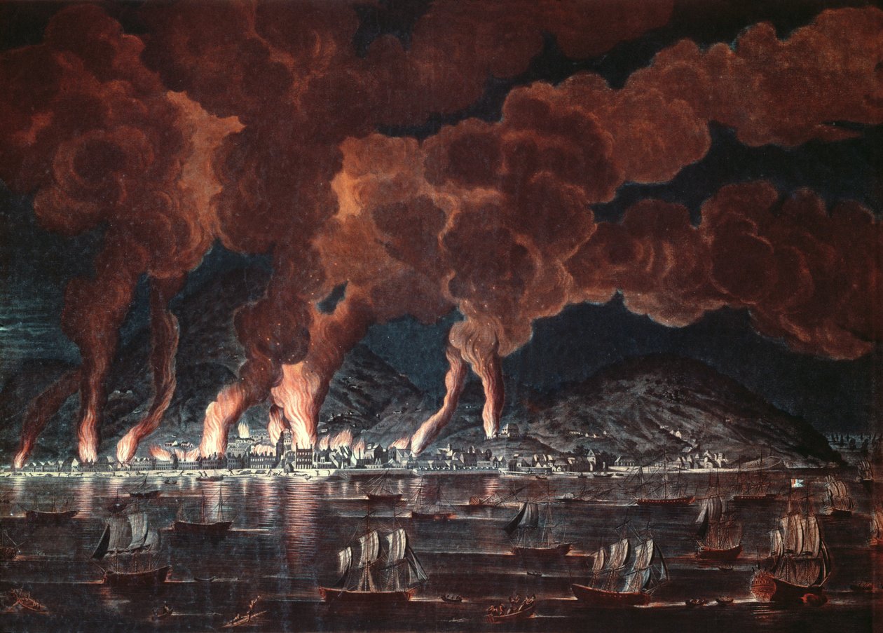 Brenning av byen Cap-Francais, Saint-Domingue (Haiti), 1795 (fargegravering) av French School