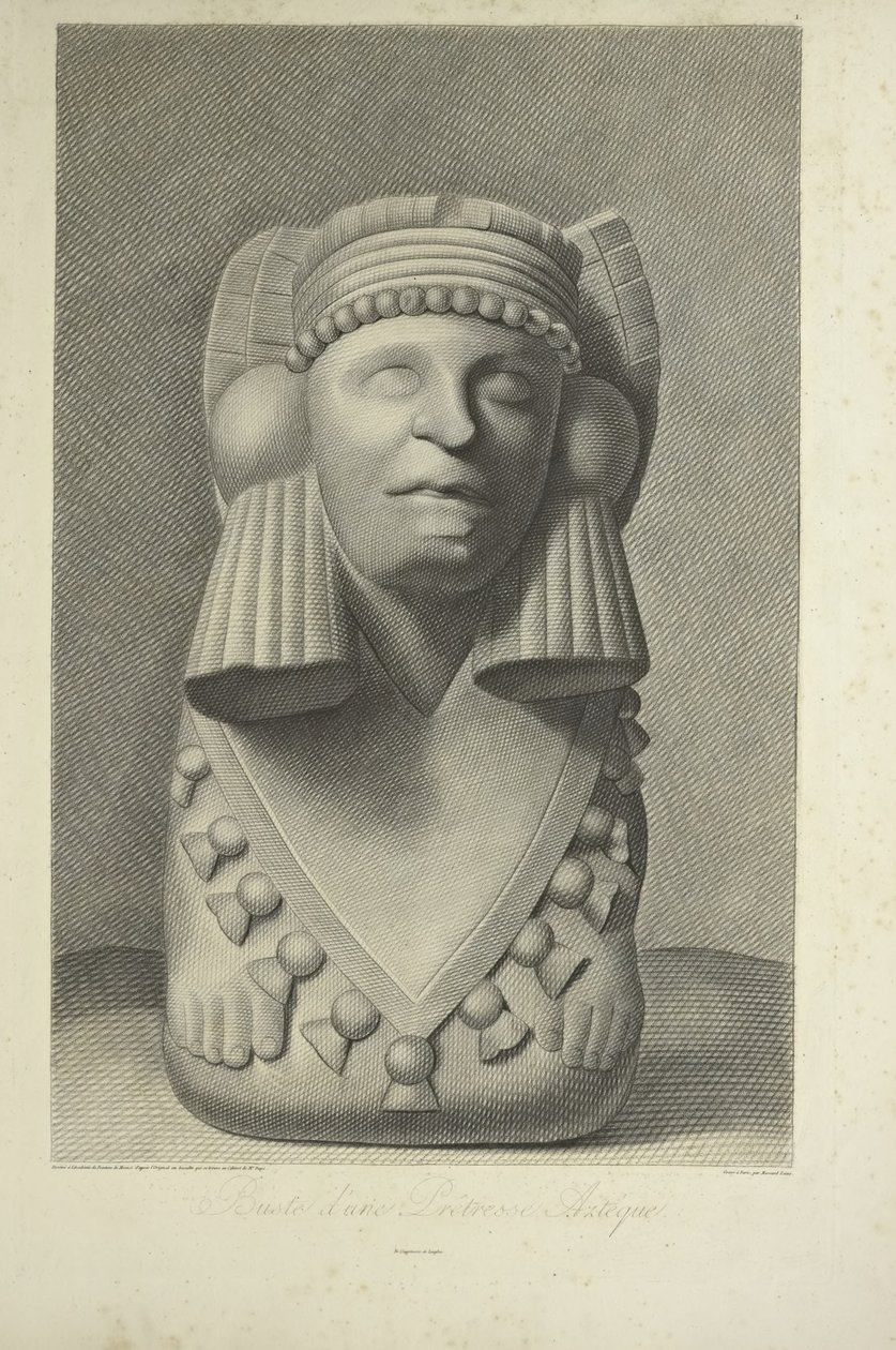 Byste av en aztekisk prestinne, illustrasjon fra 'Views of the Cordilleras and Monuments of the Native Peoples of America' av Alexander von Humboldt og Aime Bonpland av French School