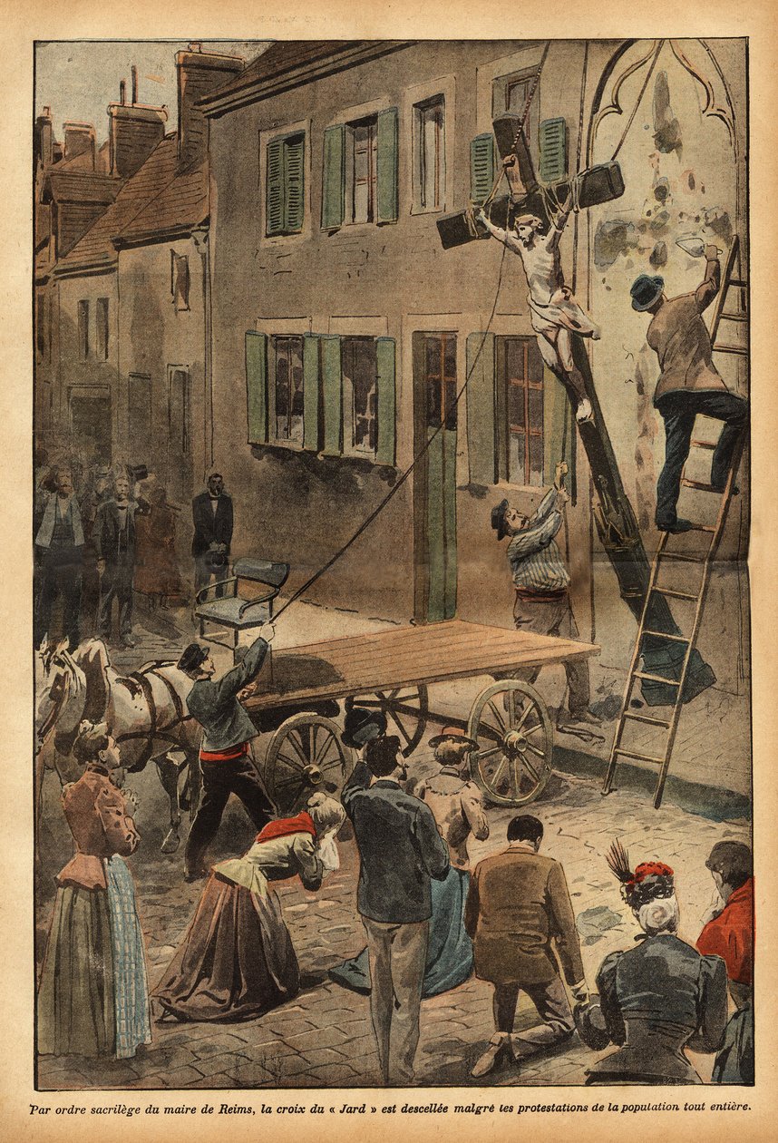 Etter ordre fra ordføreren i Reims, Charles Arnould, ble korset på skolens vegg i Rue du Jard avskaffet, noe som førte til en rekke protester i sammenheng med den gradvise løsrivelsen av statlige institusjoner. Gravering i «Le pelerin» 24/06/1900. Selva av French School