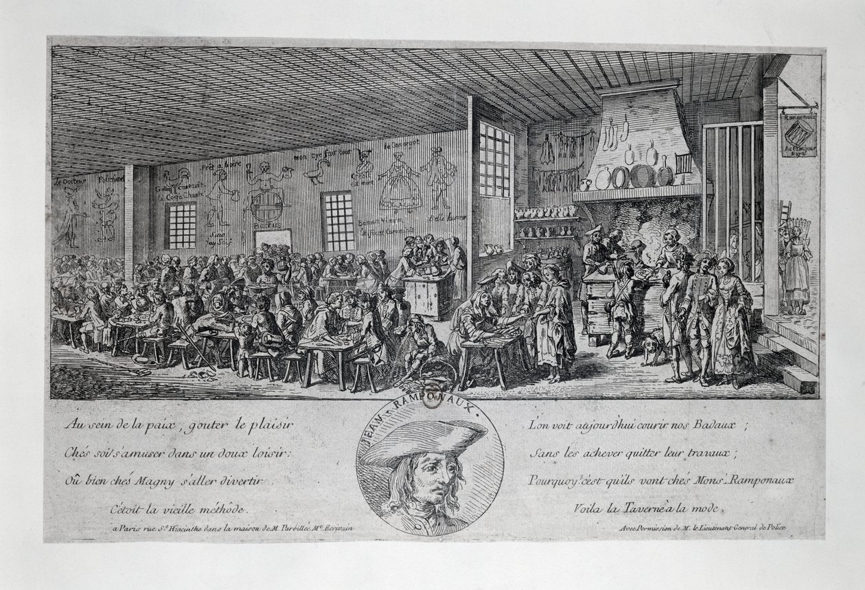 Cabaret du Tambour Royal av Jean Ramponneau (1724-1802), gravering. Frankrike av French School