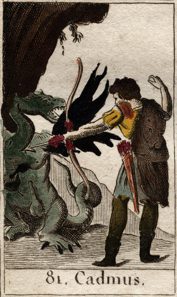 Cadmos (Kadmos eller Cadmus) dreper dragen (Cadmus kjemper mot dragen). Fra "Mythology of Youth" av Pierre Blanchard 1803. av French School