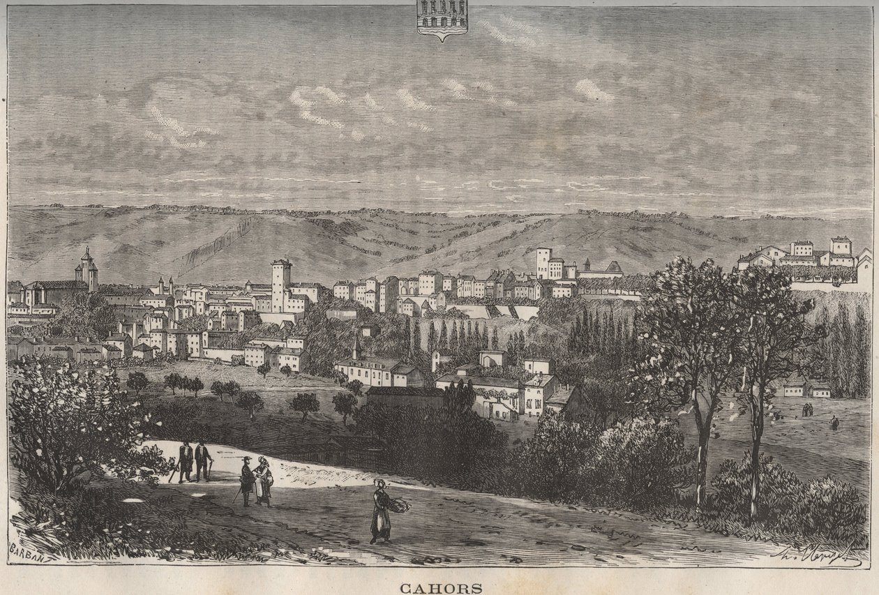 Cahors - Lot - Midi-Pyrénées - gravering i "La France illustrée: geografi, historie, statistisk administrasjon" av V.A. Malt-Brown. 1884 av French School