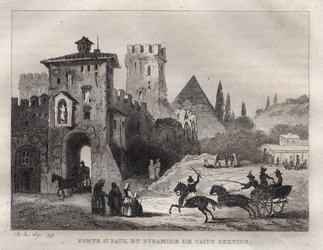 Caius Cestus-pyramiden og St. Paul-porten i Roma Porte Saint Paul og pyramiden til Caius Sextus a Roma - Gravering fra "" Pittoreske Italia"" - Historisk og beskrivende maleri av Italia"" av M. de Norvins, Ch. Nodier 1834-1836. av French School