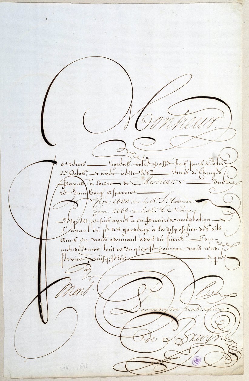 Kalligrafi: Regnskapsbrev kalligrafert rundt 1678 av Francois de Bruyn. av French School