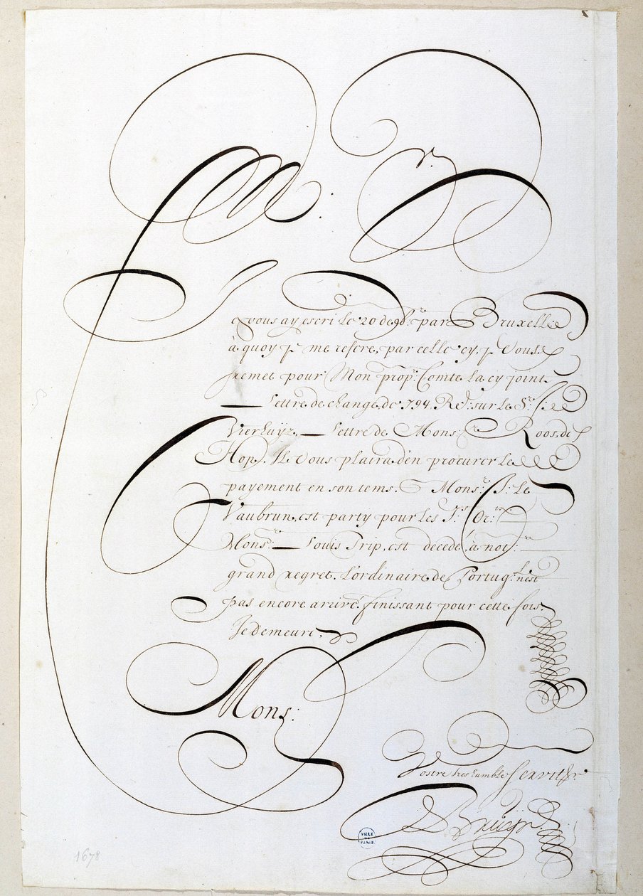 Kalligrafi: Regnskapsbrev kalligrafert rundt 1678 av Francois de Bruyn. Paris