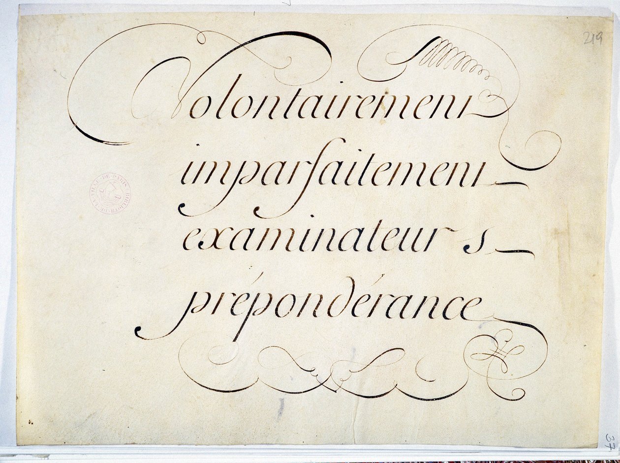 Kalligrafi: manuskriptstykke rundt 1670 av Andre Francois Roland. "med vilje, ufullkommen, eksaminatorer, overvekt"". av French School