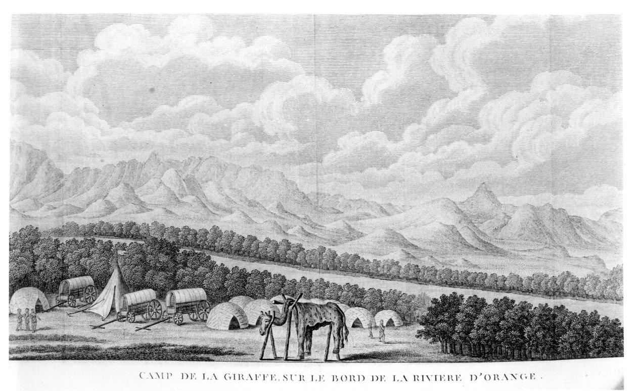 Camp Giraffe ved bredden av Orange River, fra bind 2 av Second Voyage dans linterieur de lAfrique av Francois Le Vaillant (1753-1824) utgitt 1796 av French School