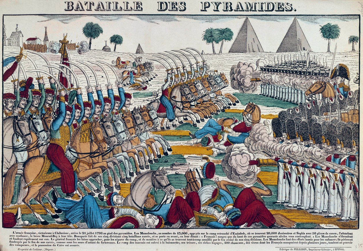 Kampanje (ekspedisjon) av Egypt (1798-1801): Slaget ved Egypt 21.07.1798. Gravering av 1800-tallet. av French School