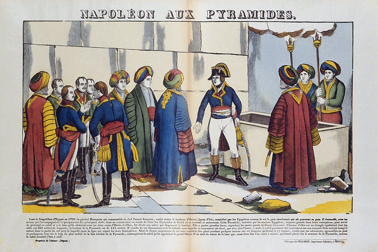 Kampanje (ekspedisjon) av Egypt (1798-1801): Bonaparte Napoleon til pyramidene i Egypt i 1799. Bilde av Epinal av French School