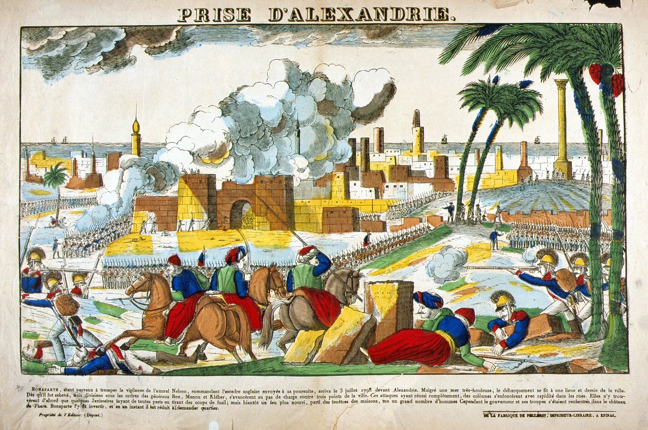 Kampanje (ekspedisjon) av Egypt (1798-1801): Erobring av Alexandria av troppene til Napoleon Bonaparte i juli 1798. Bilde av Epinal av French School