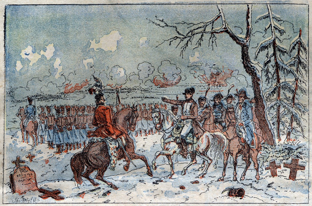 Kampanje av Preussen og Polen (1806-1807): "" Napoleon I (1769-1821) på slagmarken til Eylau den 08.02.1807 beordret Murat til å slå tilbake det russiske kavaleriet. Gravering fra 1800-tallet. av French School