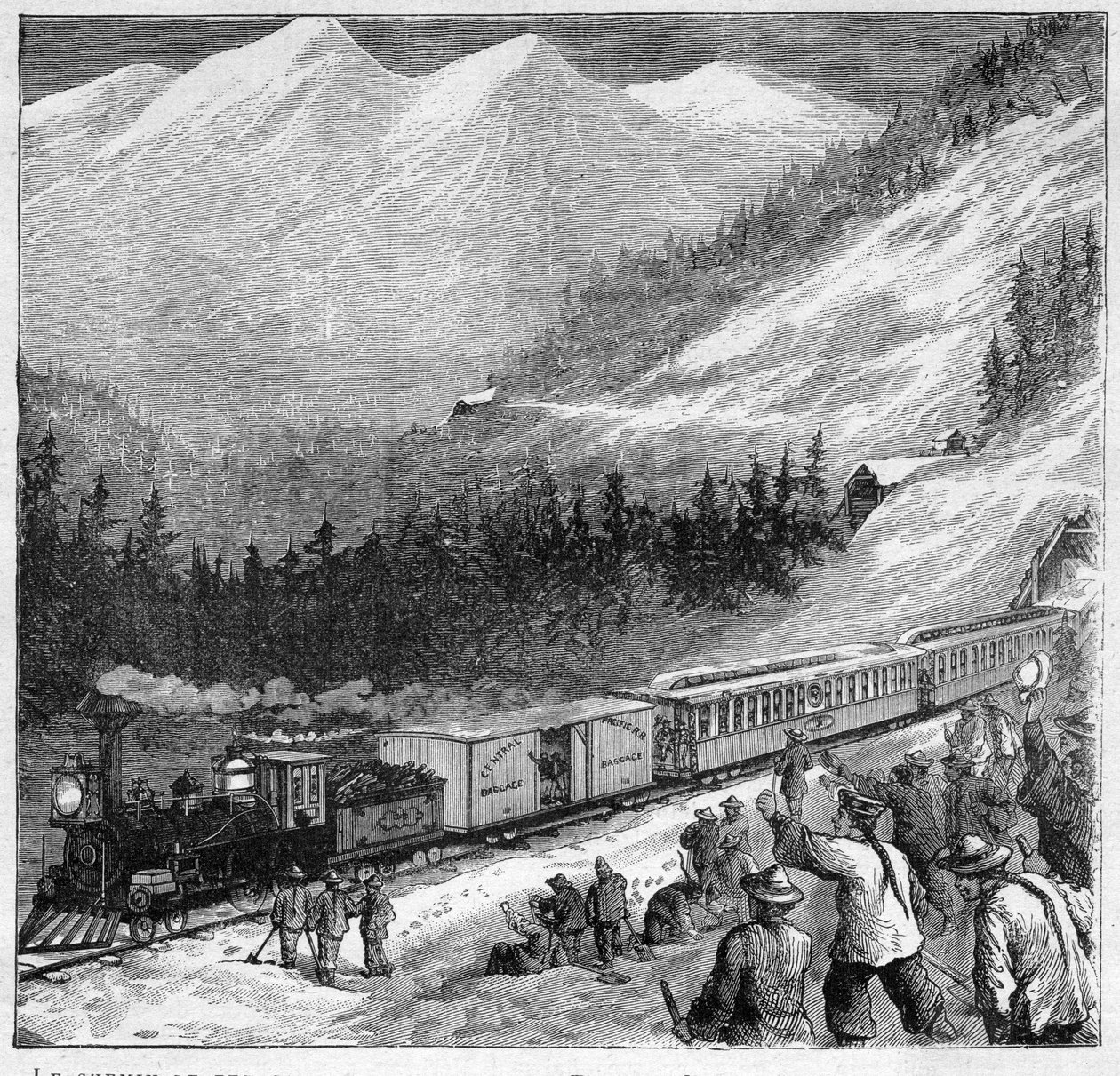 Canadian Pacific Railway i 1888 - Canadian Pacific Railway - Passasje av et tog i Sierra Nevada - Gravering i "" Journal des Voyages"" 1888 av French School