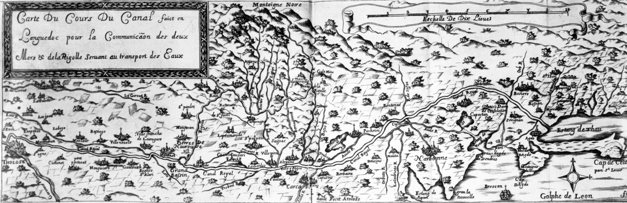 Canal du Midi, som forbinder Atlanterhavet med Middelhavet, begynner ved Toulouse og slutter, etter Agde, ved Etang de Thau (bw-foto av gravering fra 1600-tallet) av French School
