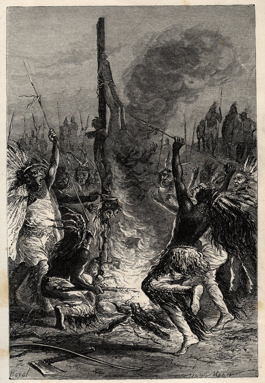 Kannibalisme - Tierra del Fuego i Chile på 1800-tallet - Kannibalisme - Tierra del Fuego i Chile på 1800-tallet - gravering fra "" L'homme et la bete"" av Arthur Mangin - 1872 - av French School