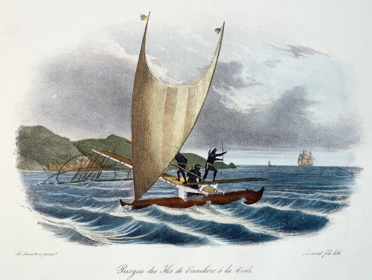Kano med seil fra Vanikoro-øyene, Salomonøyene (øygruppen), fargegravering fra oppdagelsesreisen til Astrolabe foretatt etter ordre fra kongen, i årene 1826-1829, av Jules-Sebastien-Cesar Dumont d
