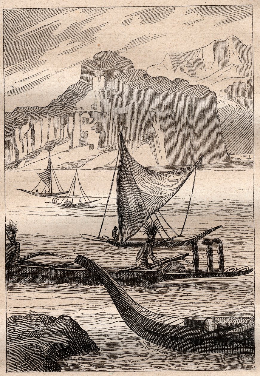 Kanoer fra Marquises-øyene - illustrasjon hentet fra "The Great Mariners of the 18th century"" av French School