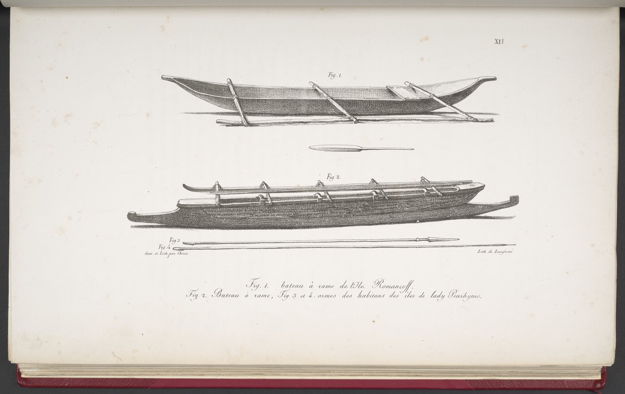 [Kanoer fra Marshalløyene, og en kano og våpen fra Cookøyene], fra Picturesque Voyage Round the World, med portretter av villmenn fra Amerika, Asia, Afrika og øyene i det store hav; landskap, havutsikt og mer av French School