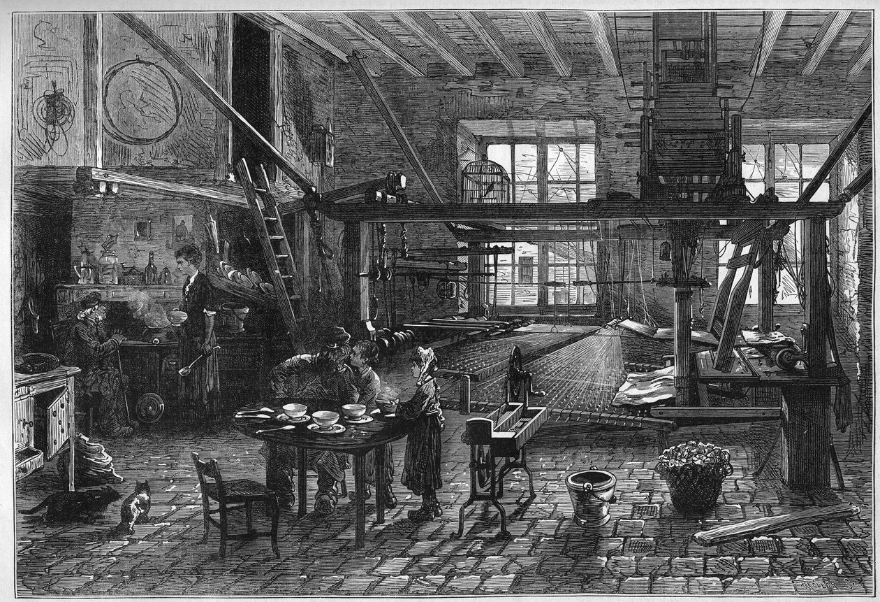 Canut verksted. Interiør i et silkeveververksted i Lyon under en krise på slutten av 1800-tallet. Gravering i "" Le Monde Illustré"" nr. 1039 av 10. mars 1877. av French School