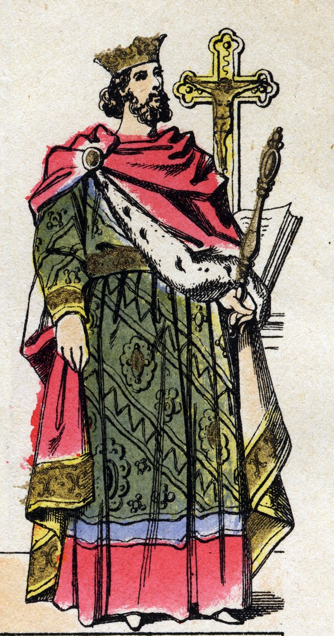 Capetian-dynastiet: Portrett av Robert II den fromme (972-1031), kongen av frankerne fra 996 til 1031. Epinal avbildning fra slutten av 1800-tallet. Privat samling. av French School