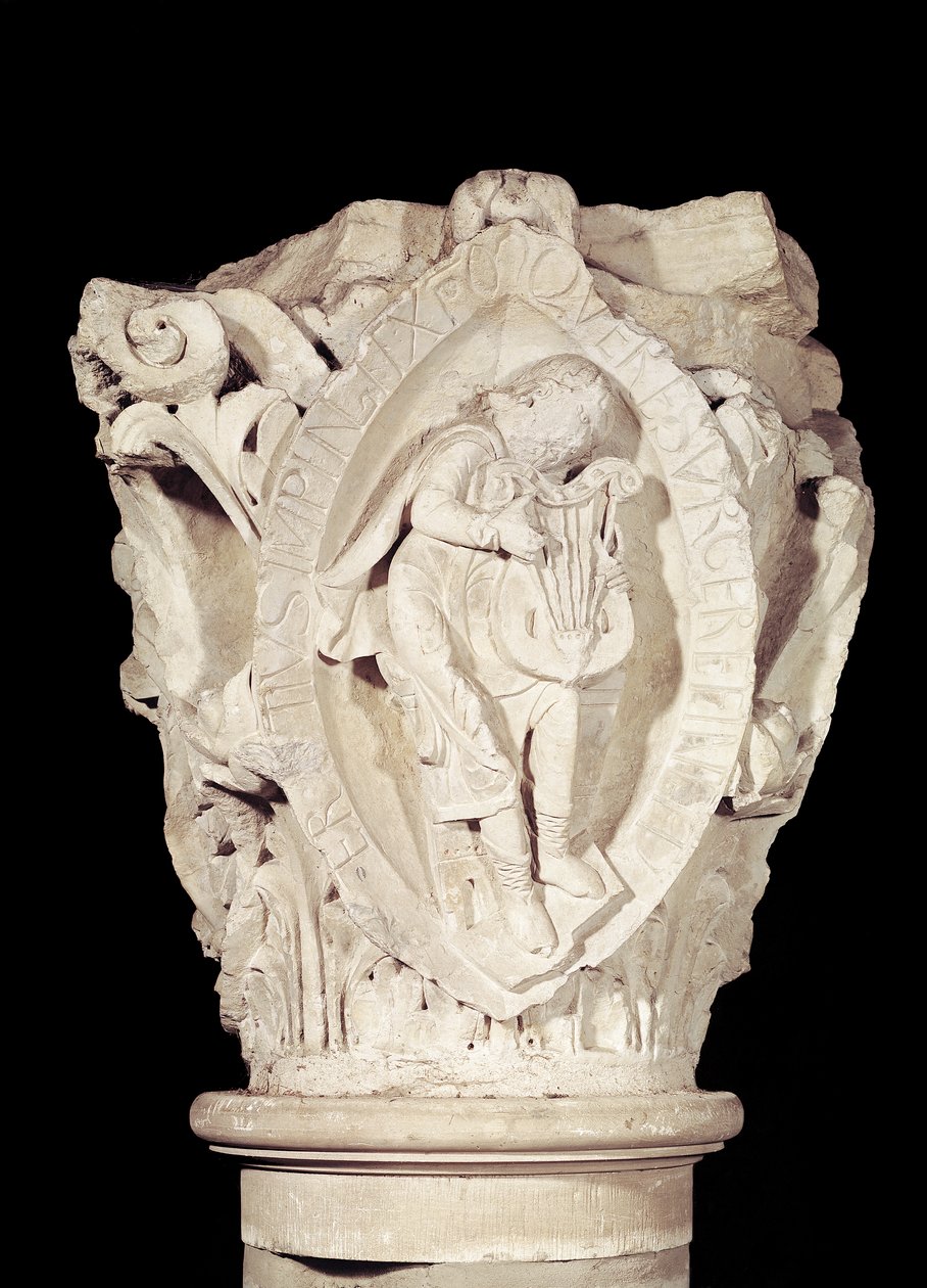 Kapital som viser den tredje nøkkelen til Plainsong med en luttspiller, ca. 1095 av French School