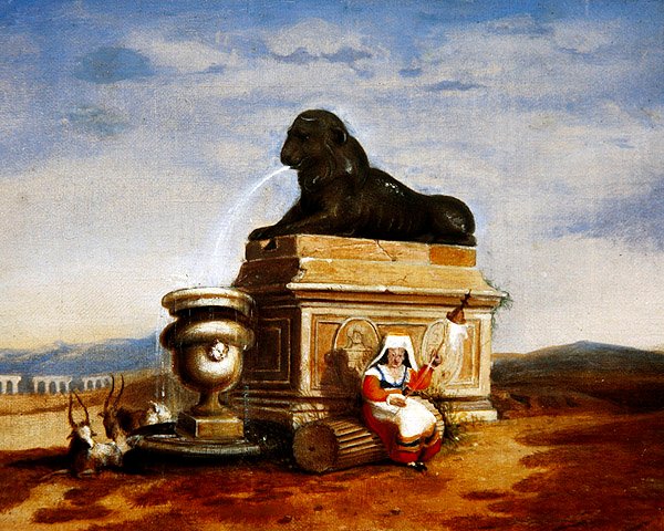 Capriccio av romerske levninger med en italiensk bondekvinne som spinner, ca. 1825 (olje om bord) av French School